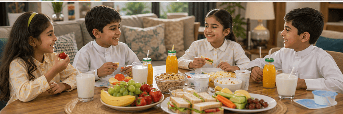 سناك أطفال في البيت مع فواكه وزبادي وعصير وسندويتشات خفيفة في أجواء عائلية سعودية
