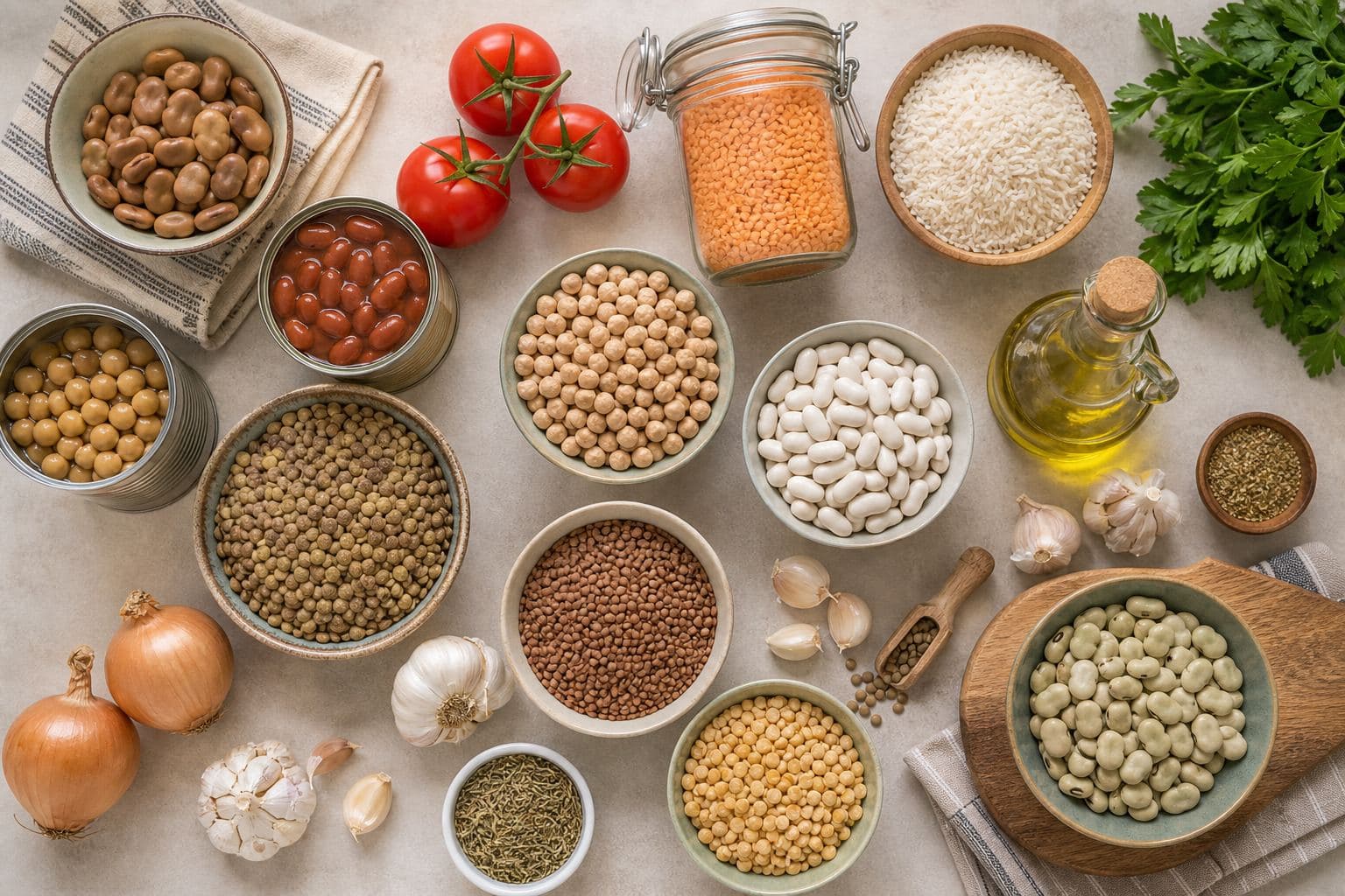 مشتريات بقوليات متنوعة تشمل العدس والحمص والفول مع إضافات الطبخ الأساسية