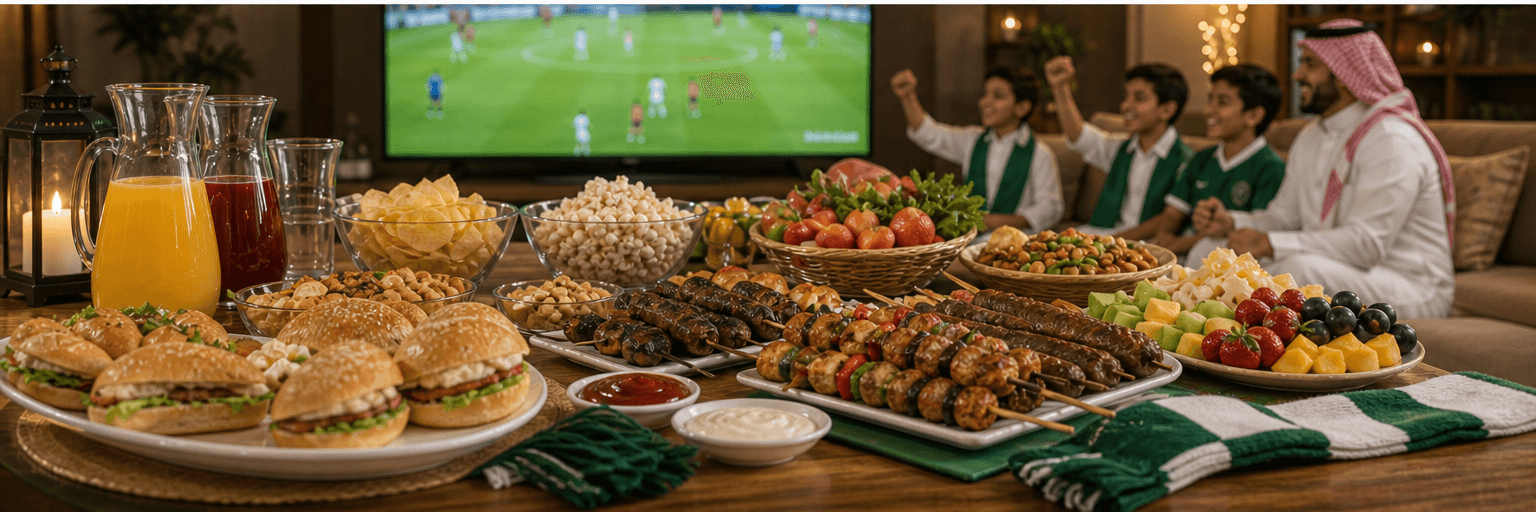 طاولة مباراة في البيت مع مشاوي وسندويتشات ومشروبات وفواكه أثناء المشاهدة