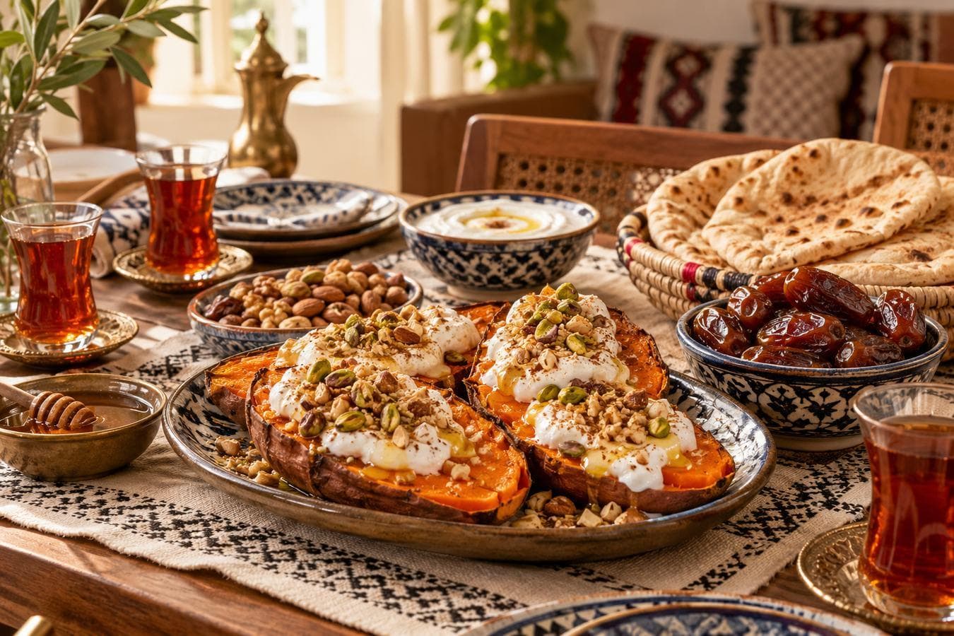 فطور عائلي هادئ بالبطاطا الحلوة والتمر واللبن