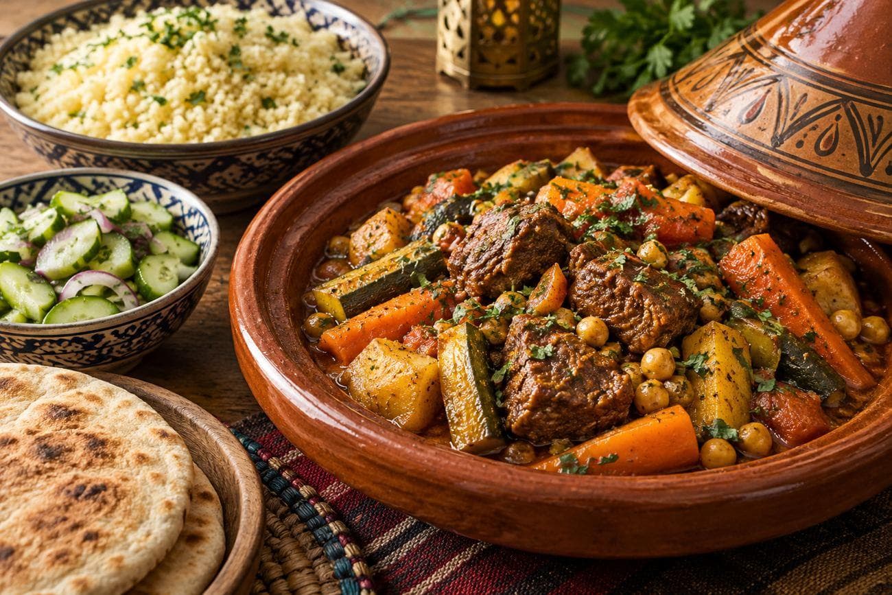 طاجن لحم وخضار جاهز للتقديم مع سلطة ومرافق بسيط