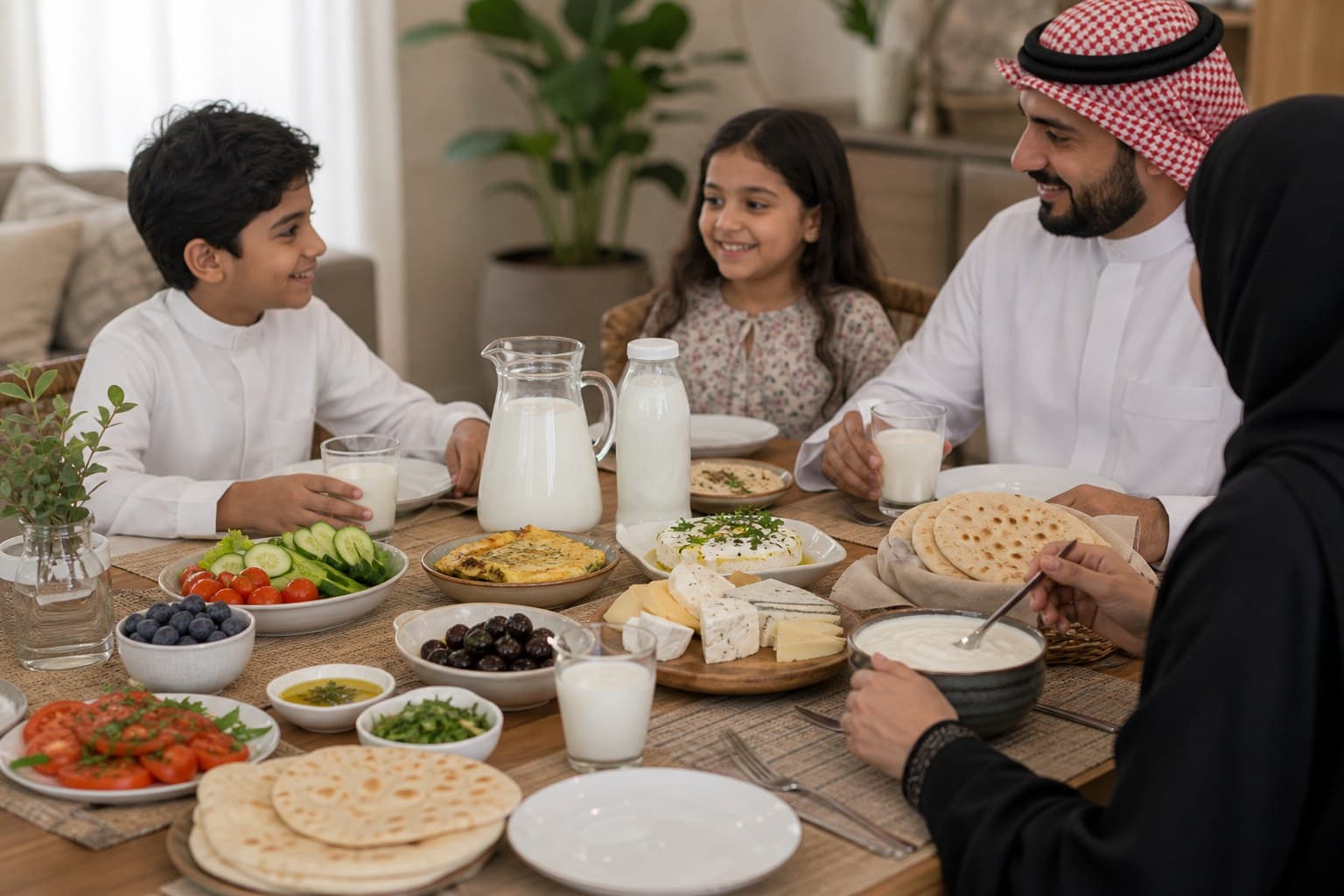 صورة علوية مرتبة لمنتجات ألبان يومية تشمل الحليب واللبن والزبادي والأجبان