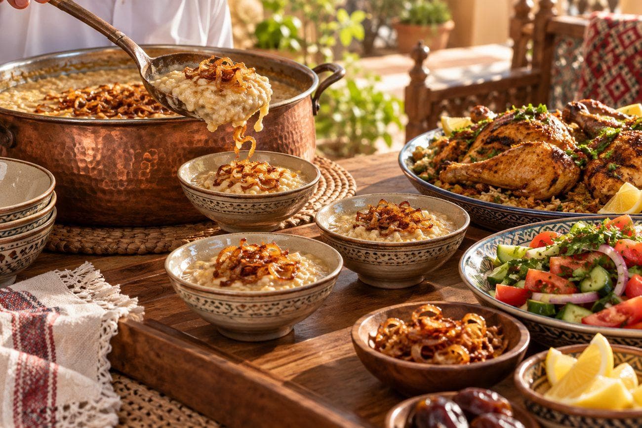 جريش سعودي يقدم مع دجاج وسلطة في غداء عائلي