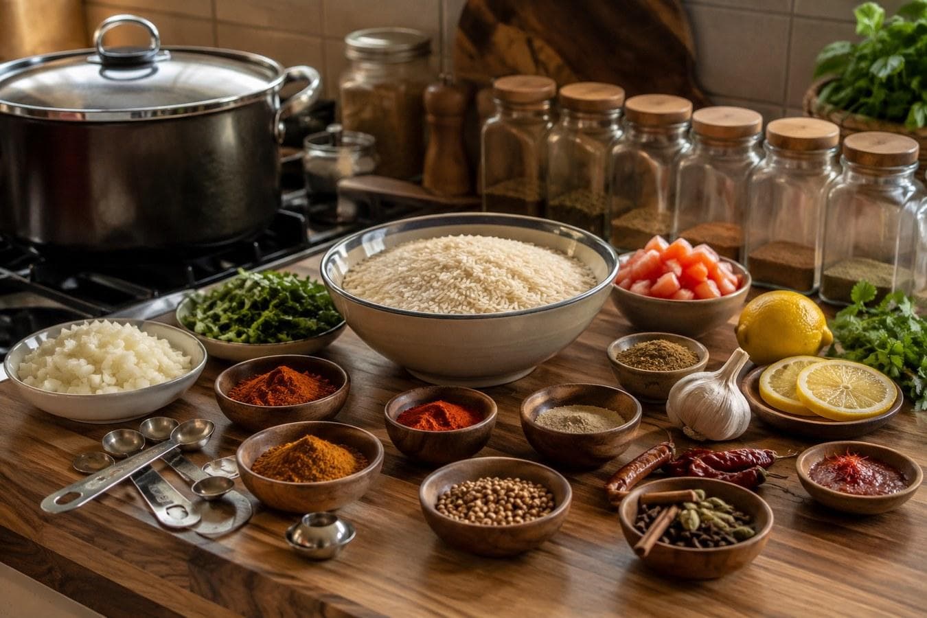 تحضير بهارات الطبخ السعودي للأرز والدجاج في مطبخ منزلي