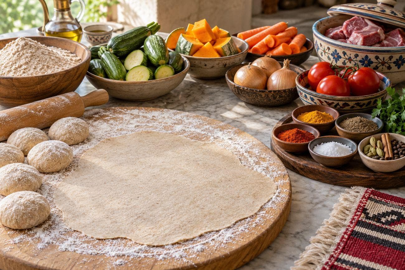 مكونات المرقوق من دقيق وعجين ولحم وخضار على سطح مطبخ