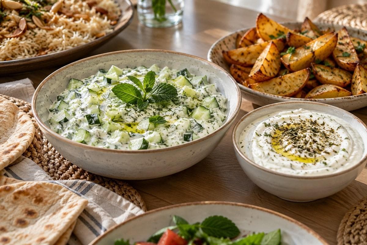 سلطة زبادي بالخيار وصوص أعشاب بجوار أطباق منزلية