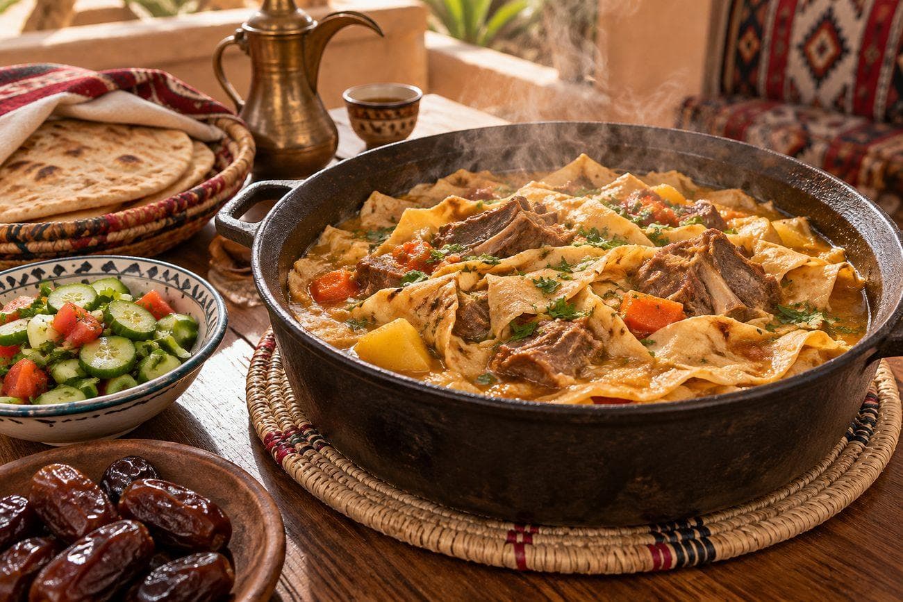 سفرة عائلية لمرقوق ساخن مع سلطة جانبية