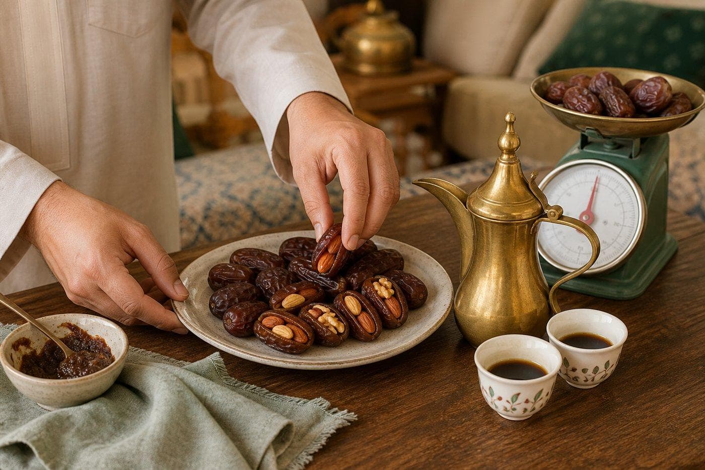 تجهيز تمر محشو بالمكسرات وتقديمه مع القهوة العربية في البيت