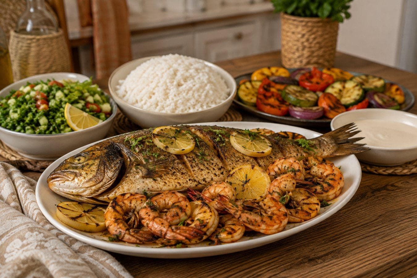 وجبة سمك وروبيان منزلية مع رز وسلطة وخضار في مطبخ عائلي