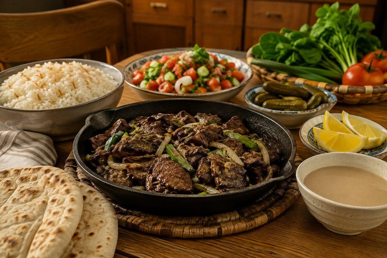 طبق كبدة منزلي مع الخبز والأرز والسلطة مناسب للفطور أو العشاء