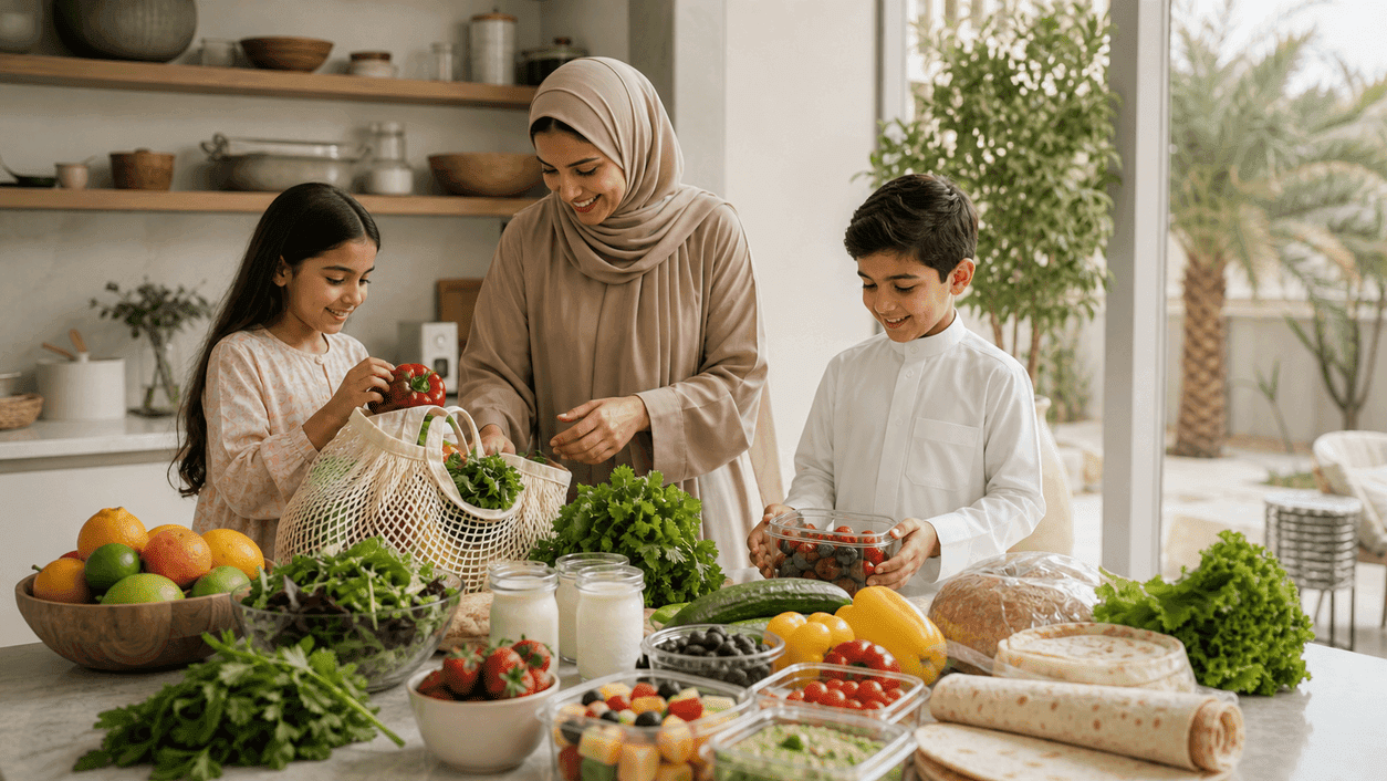 مكونات صيفية مرتبة على سطح مطبخ نظيف تشمل خضار وفواكه وزبادي وخبز خفيف