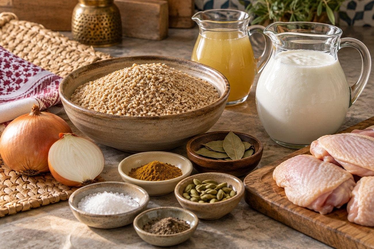 مكونات الجريش من حبوب ولبن وبصل ومرق على طاولة مطبخ
