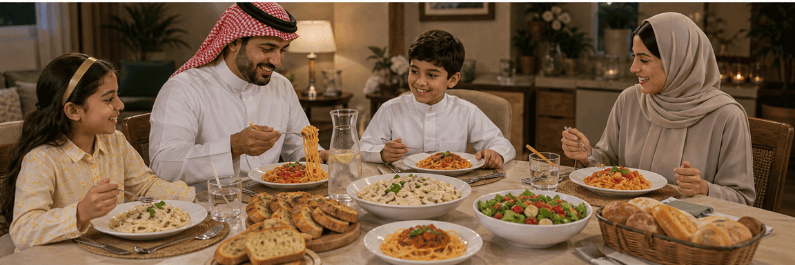 طبق معكرونة جاهز للتقديم على مائدة عائلية بأجواء منزلية دافئة مع صوص غني وتقديم بسيط