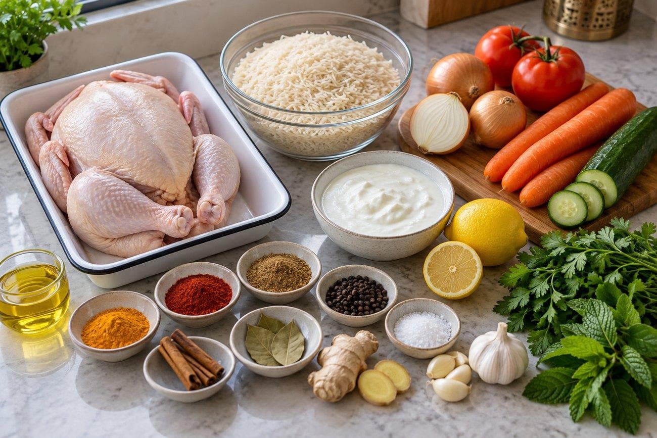مكونات غداء الجمعة مرتبة على سطح مطبخ