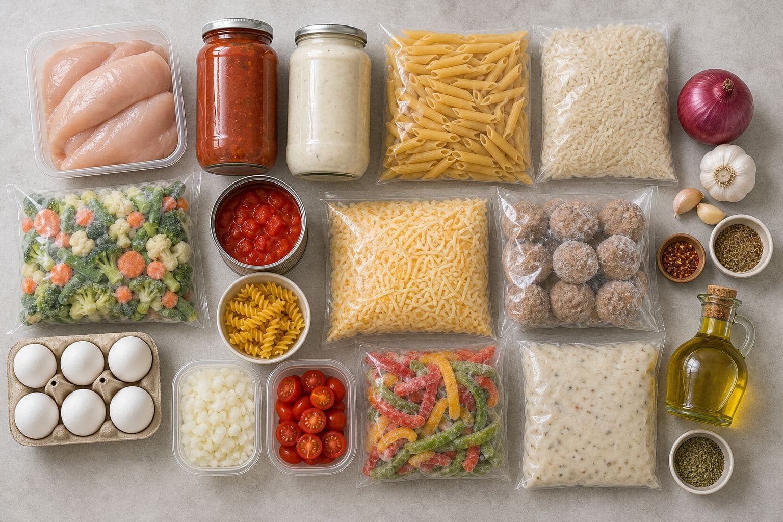 لمشتريات عملية للطهي السريع تشمل صوصات وخضار ومعكرونة ومكونات سهلة الاستخدام