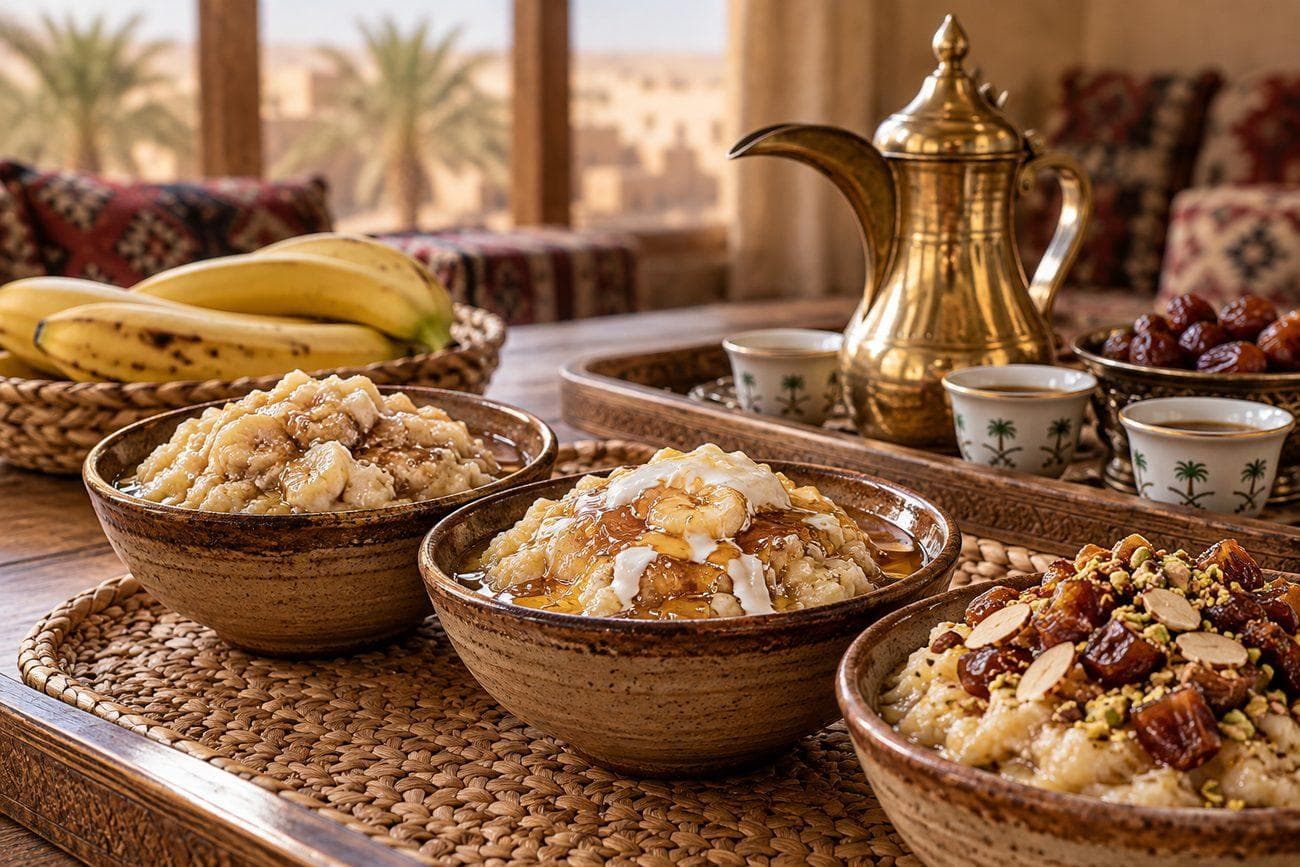 ثلاث حصص معصوب منزلية بإضافات مختلفة على سفرة عائلية