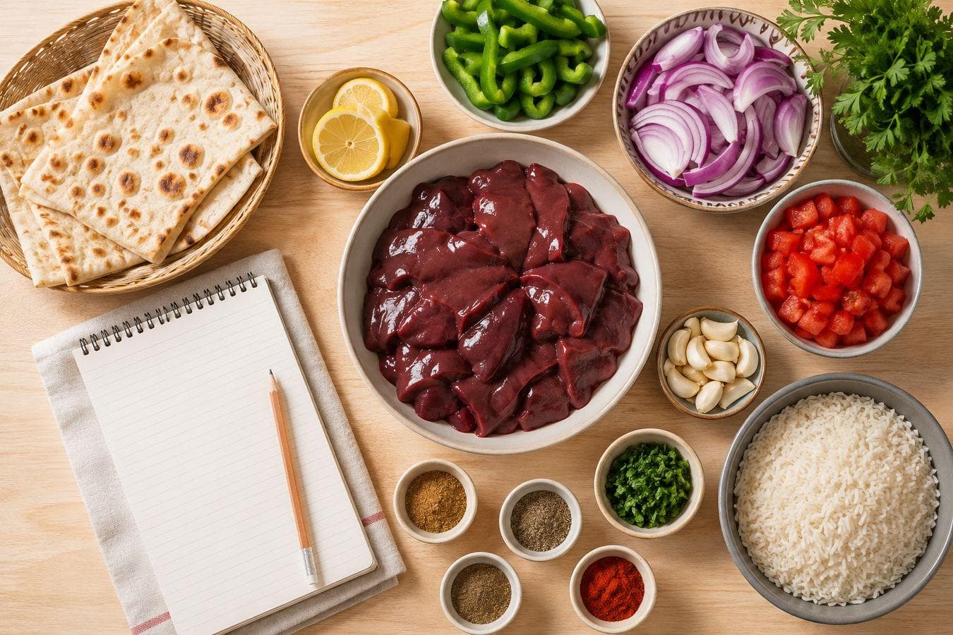 قائمة مقاضي الكبدة من الأعلى: كبدة وخضار وخبز وأرز وبهارات