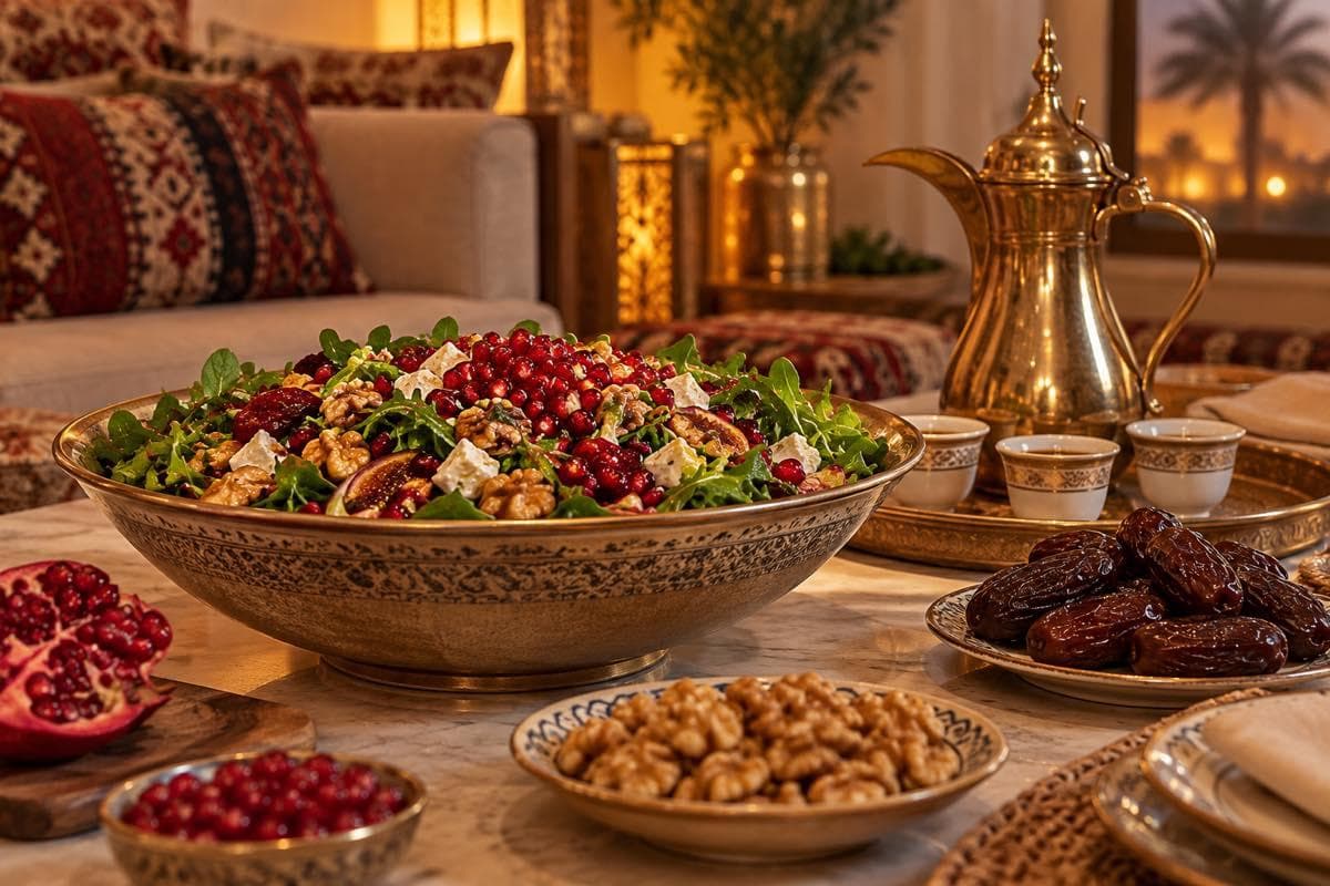 ضيافة سعودية خريفية مع سلطة بالرمان وقهوة عربية