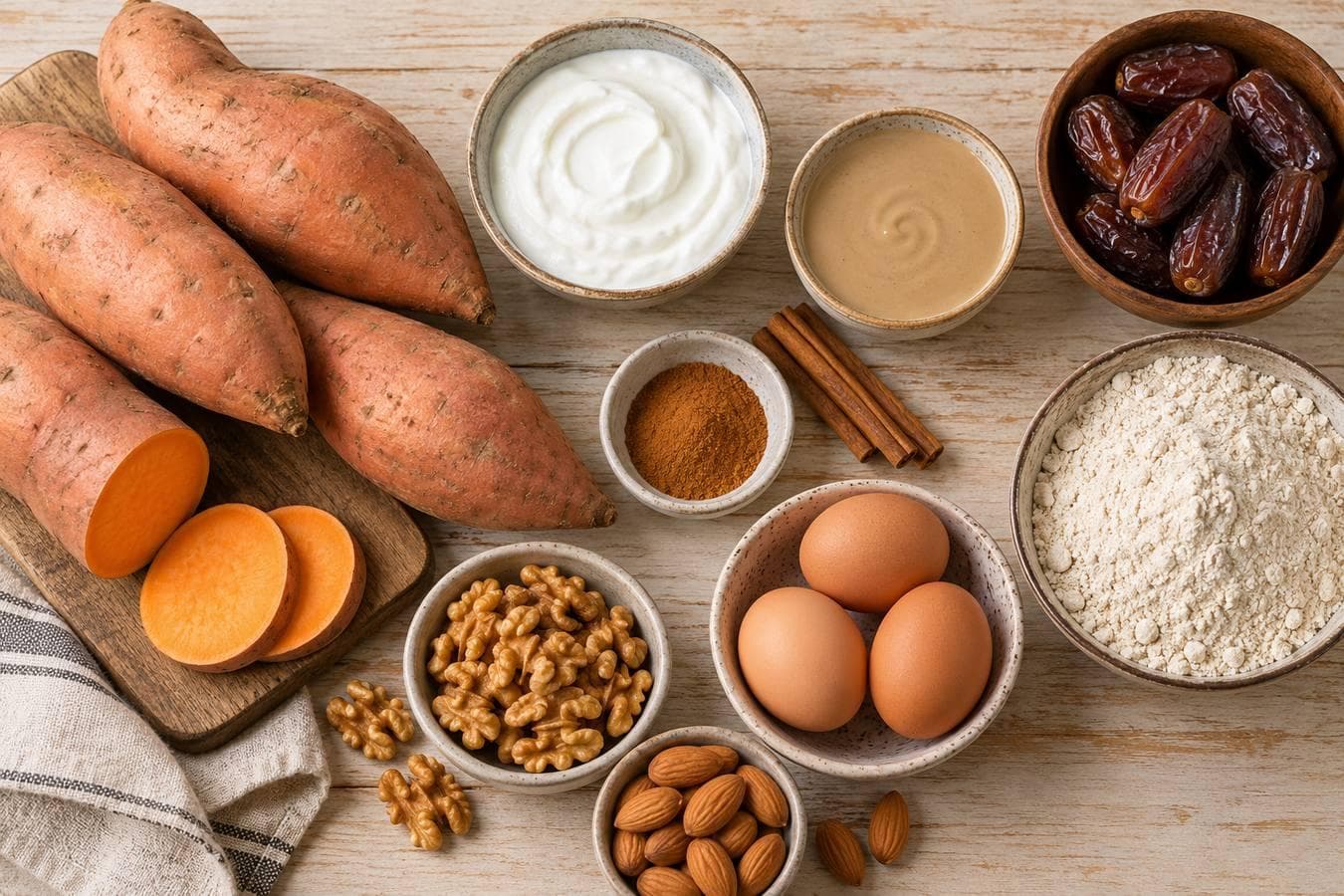 مقاضي البطاطا الحلوة مرتبة من الأعلى مع زبادي وتمر وقرفة ومكسرات