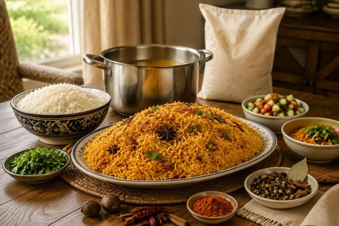 طبق أرز سعودي مع أرز أبيض ومكونات جانبية للوجبات اليومية